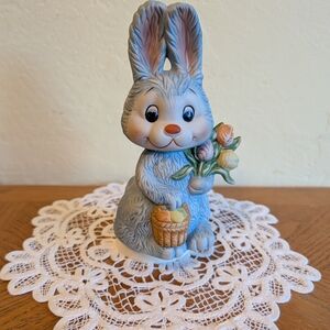 Pastel Blue Bunny Figurine with Basket and Flowers